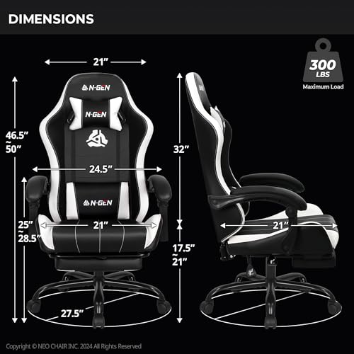 N-GEN Video Gaming Chair with Footrest High Back Ergonomic Comfortable Office Computer Desk with Lumbar Support Height Adjustable with PU Leather Recliner for Adults Women Men (Black)
