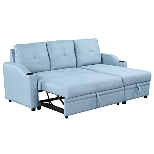 80.3" Pull Out Sofa Bed Modern Padded Upholstered Sofa Bed, Linen Fabric 3 Seater Couch with Storage Chaise and Cup Holder, Small Couch for Small Spaces Primary Living Room Sectionals