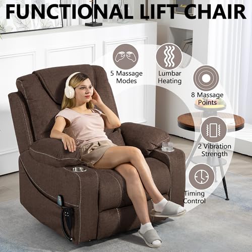 Power Lift Chair Lay Flat Recliner Infinite Position Electric Dual Motor Stand Up Lift Chair with Massage and Heat for Adults,Heavy Duty Recliners with 2 Remote Controls and Two Cup Holders