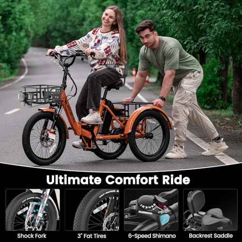 MOONCOOL Electric Tricycle for Adults, 500W/750W 48V 20" Folding Electric Trike Peak Power 1100W, 3 Wheels Electric Bicycle, Aluminum Frame Electric Tricycle with Large Basket and Removable Battery
