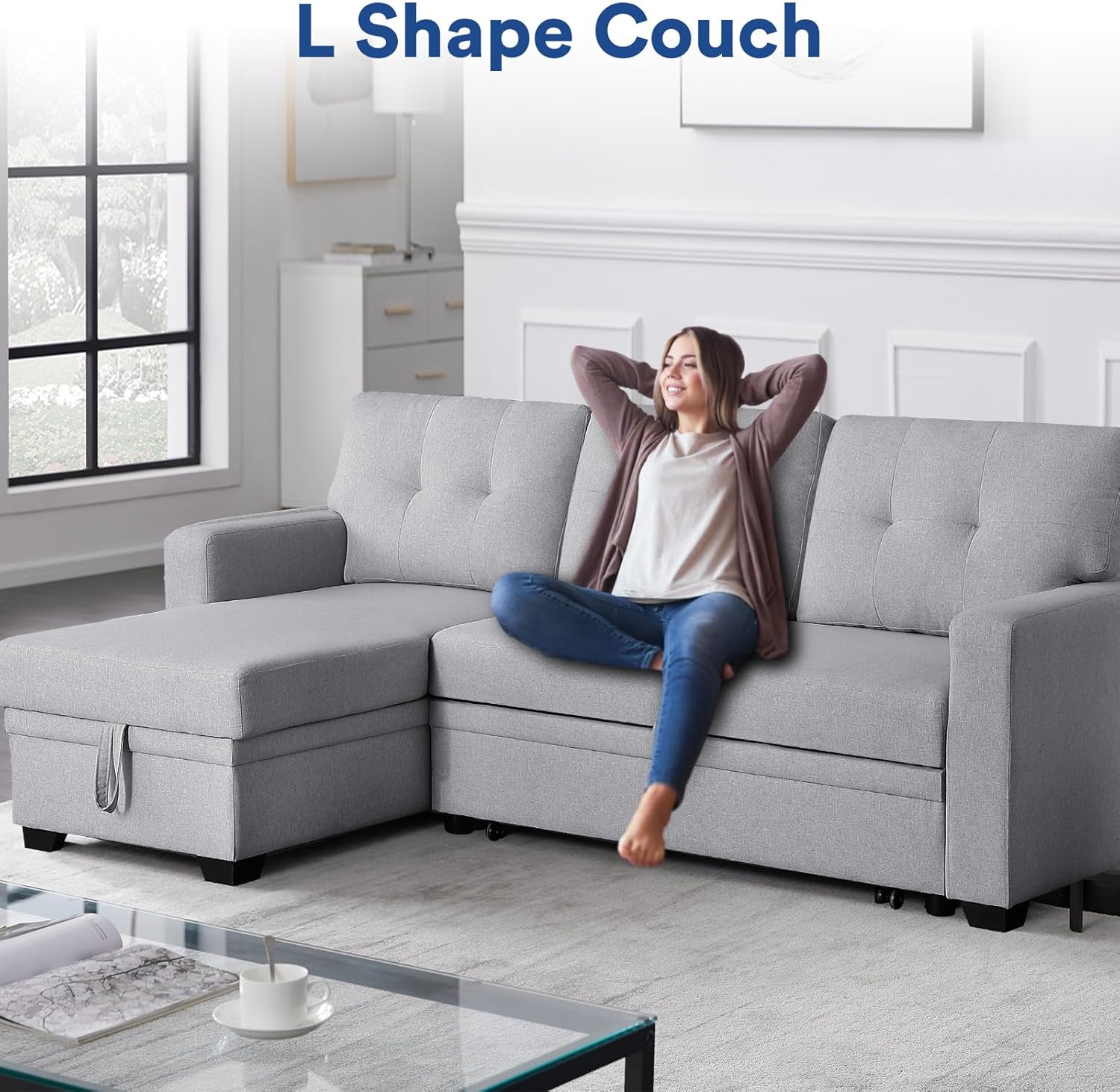 4-in-1 Convertible L Shaped Couch with Pull Out Bed and Storage Sectional Sleeper Sofa with Reversible Chaise for Living Room, Apartment, Bedroom, Office, Light Gray