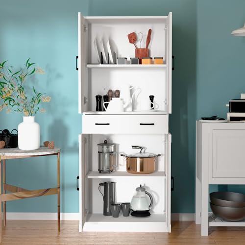 White Kitchen Pantry Cabinet, 71" Tall Kitchen Storage Cabinet with doors and drawer, Freestanding Wooden Storage Cabinet for Kitchen, Dining room, Hallway