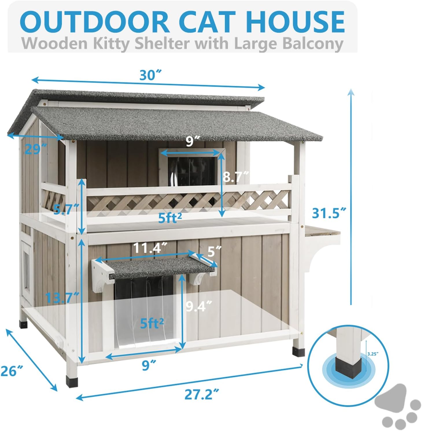PETSCOSSET Cat House Outdoor 2-Story Wooden Kitty Shelter with Balcony, Gray