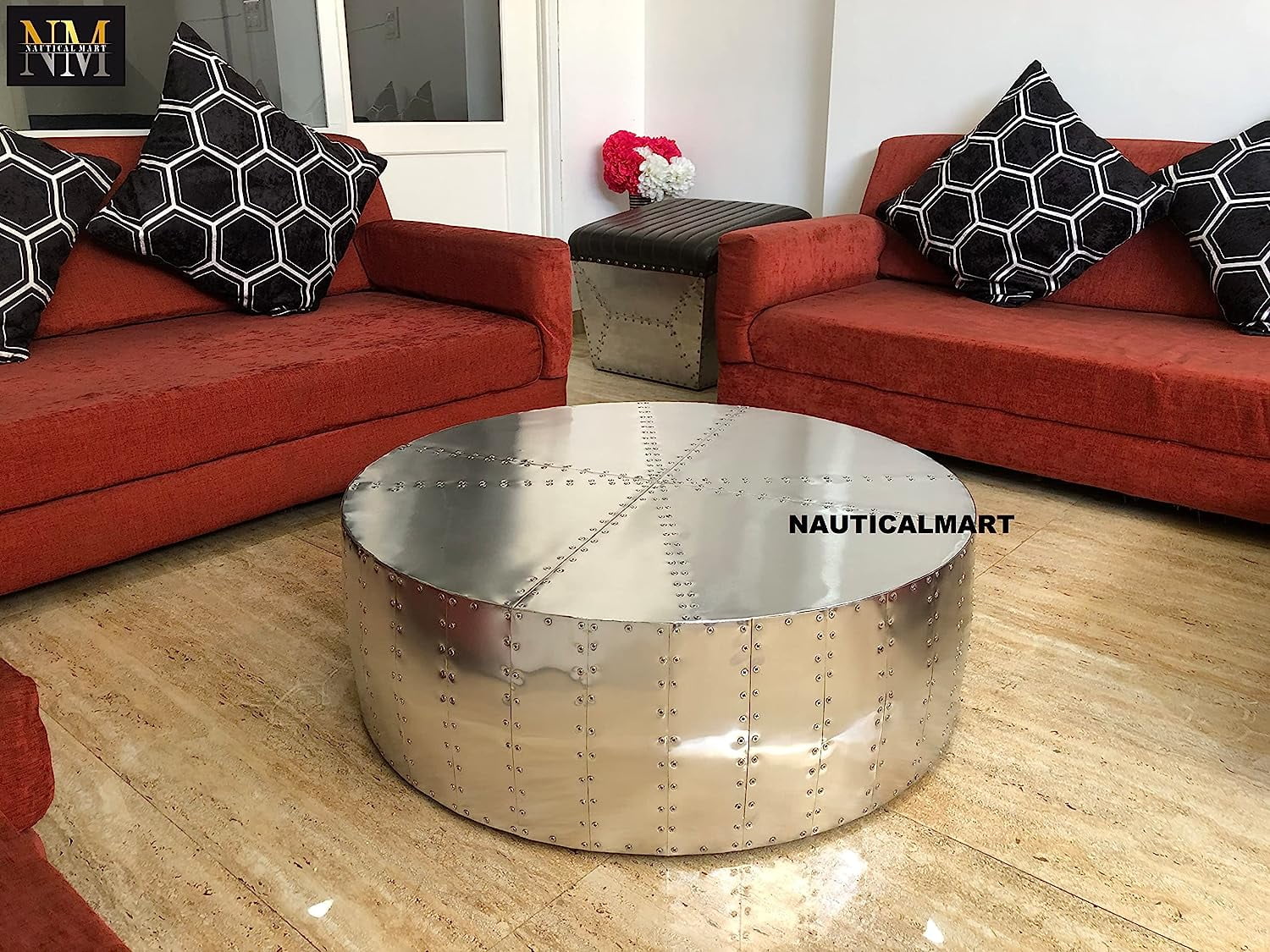 NauticalMart Aluminum Drum Shaped Coffee Table Hammered Coffee Table Aviator Living Room Furniture - Office Decor & Office Furniture (30 Inches)