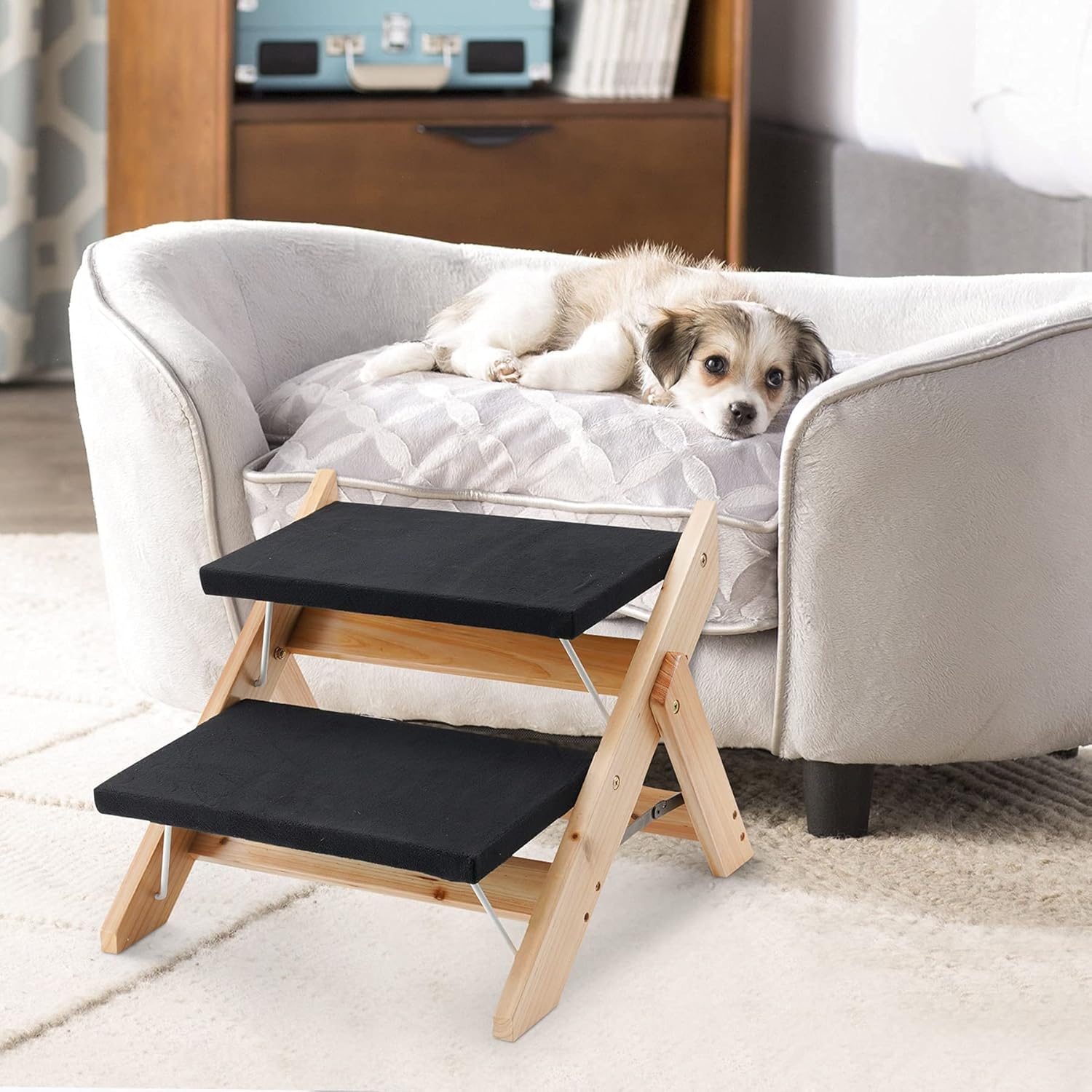 Kerrogee 2-in-1 Dog Pet Stairs, Foldable Pet Ramp with 2 Levels,Wooden Pet Steps for Small to Large Dogs,Pet Ladder for Car,High Bed and Couch,Easy Storage