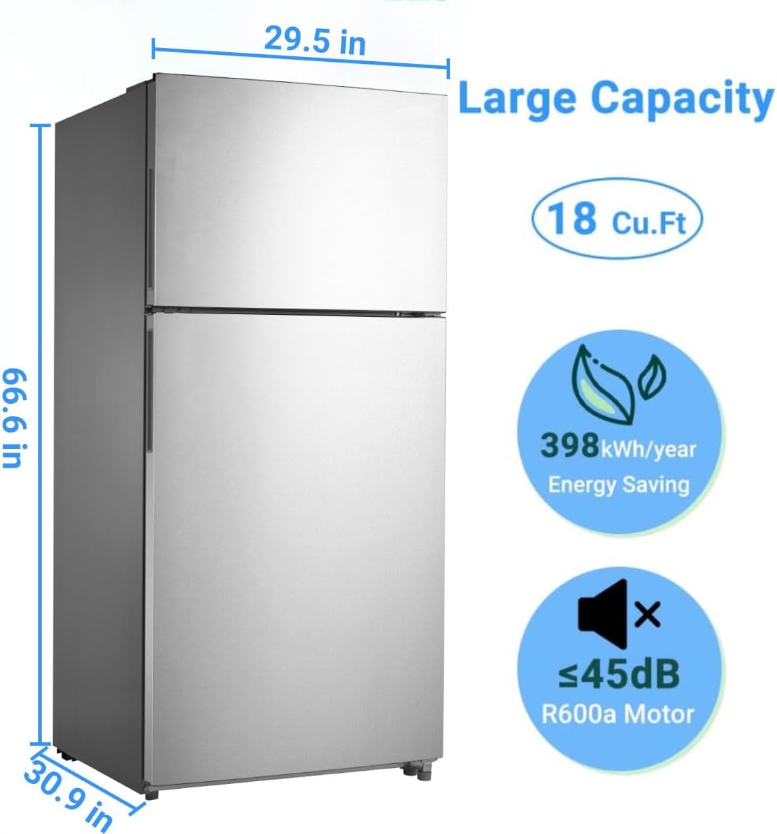 18 Cu.Ft Top Freezer Refrigerator, Apartment Size Refrigerator with Adjustable Feet, Garage Ready Refrigerator for Dorm, Garage, Office, Bedroom, Stainless Steel
