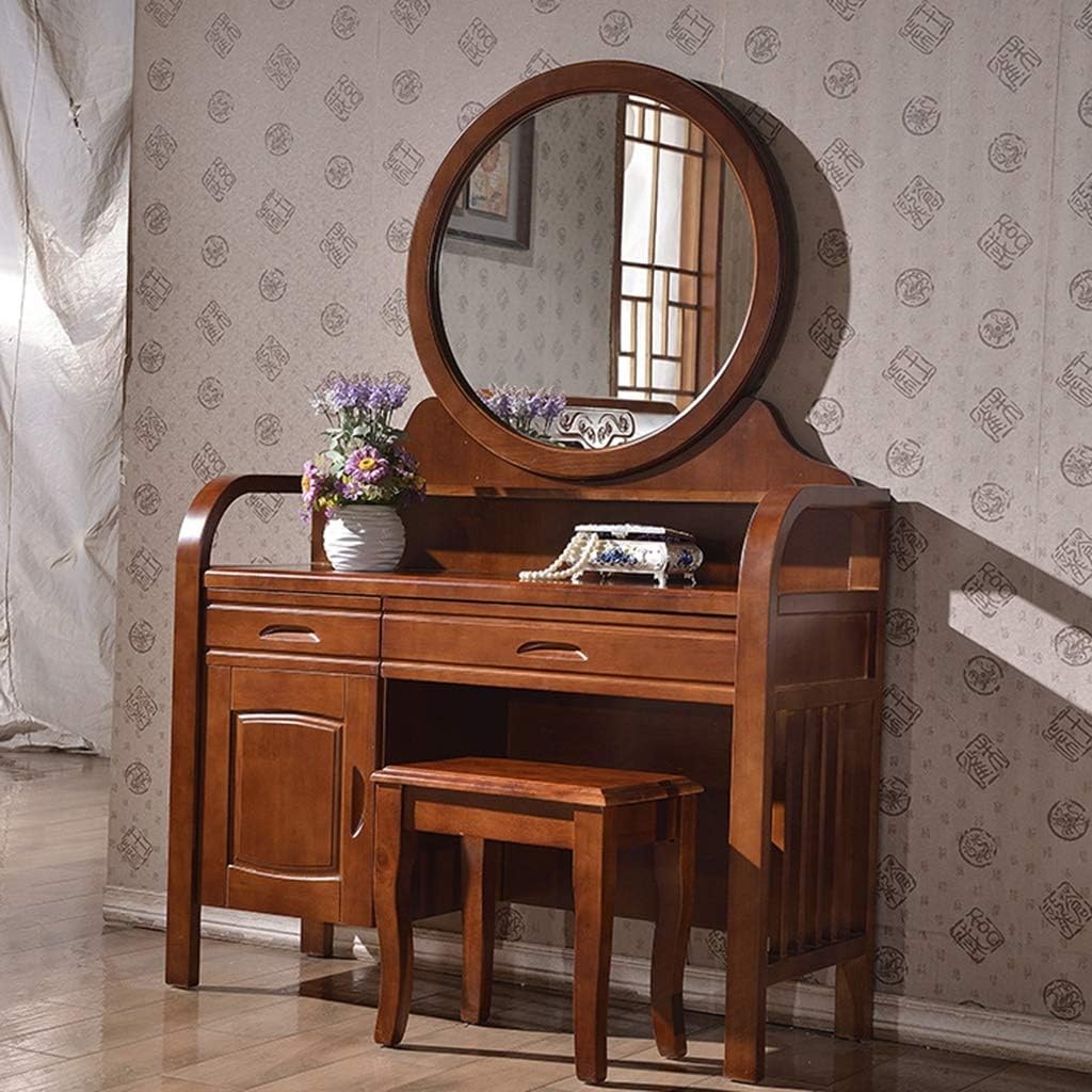 Vanity Table Set Home Vintage Style Dressing Table Padded Stool Oval Mirror Drawers 3pc Set 41.3x17.7x61.8inch