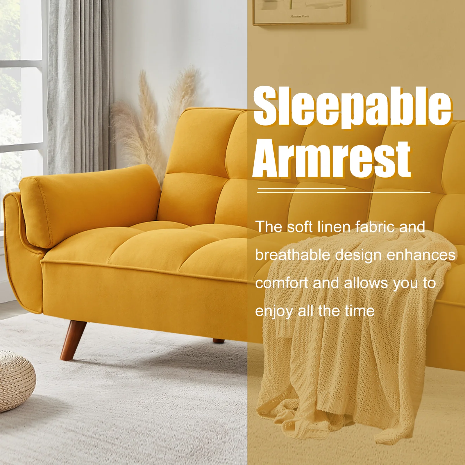 Convertible Futon Couch Bed, Sleeper Sofa Bed with Adjustable Backrests, Linen Loveseat Sofa with Wood Legs, 3 Seater Comfy Couch for Small Spaces, Living Room, Bedroom(Yellow, 75")