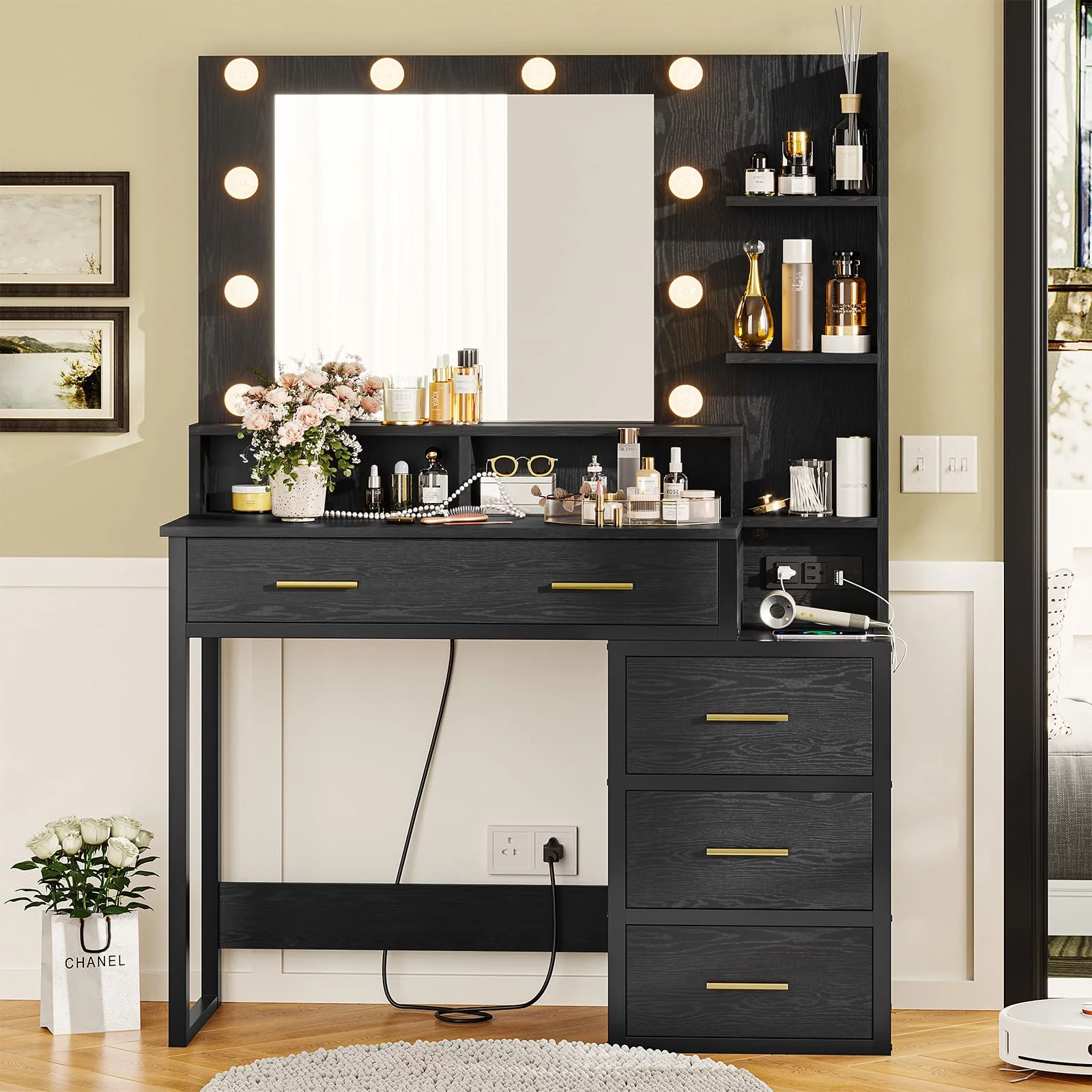 Modern Makeup Vanity, Vanity Desk with Mirror and 3 Lighting Modes, Vanity Table with Charging Station, Black