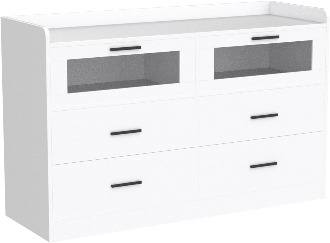 Cozy Castle 6 Drawer Double Dressers LED Modern Chest of Drawers Large Organizer Wood Accent Storage Cabinets for Living Room Home Office Entryway, White