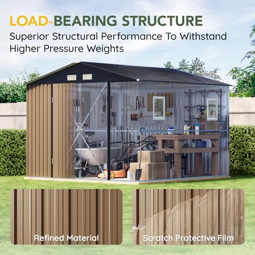 Outdoor Storage Shed 10 x 12ft. Utility Tool Shed Metal Storage Garden Shed with Lockable Doors, Windows & Metal Frame Floor for Patio Storage,Brown