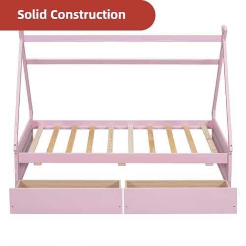 Twin Size House Platform Bed with Two Drawers Headboard and Footboard Wood Daybed Frame Bedroom Furniture for Girls BoysKids, No Box Spring Needed,Pink