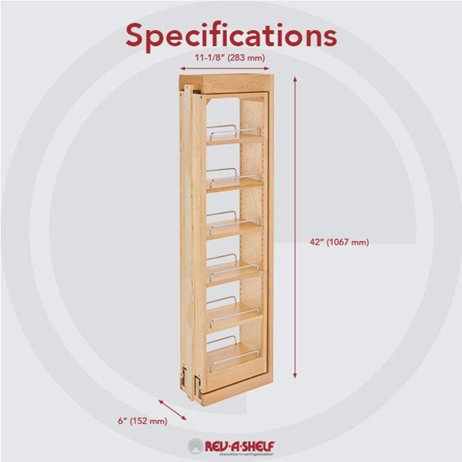 Rev-A-Shelf 432-WF42-6C 6 x 42 Inch Wooden Adjustable Pull-Out Between Cabinet Wall Filler Kitchen Storage Organizer Unit