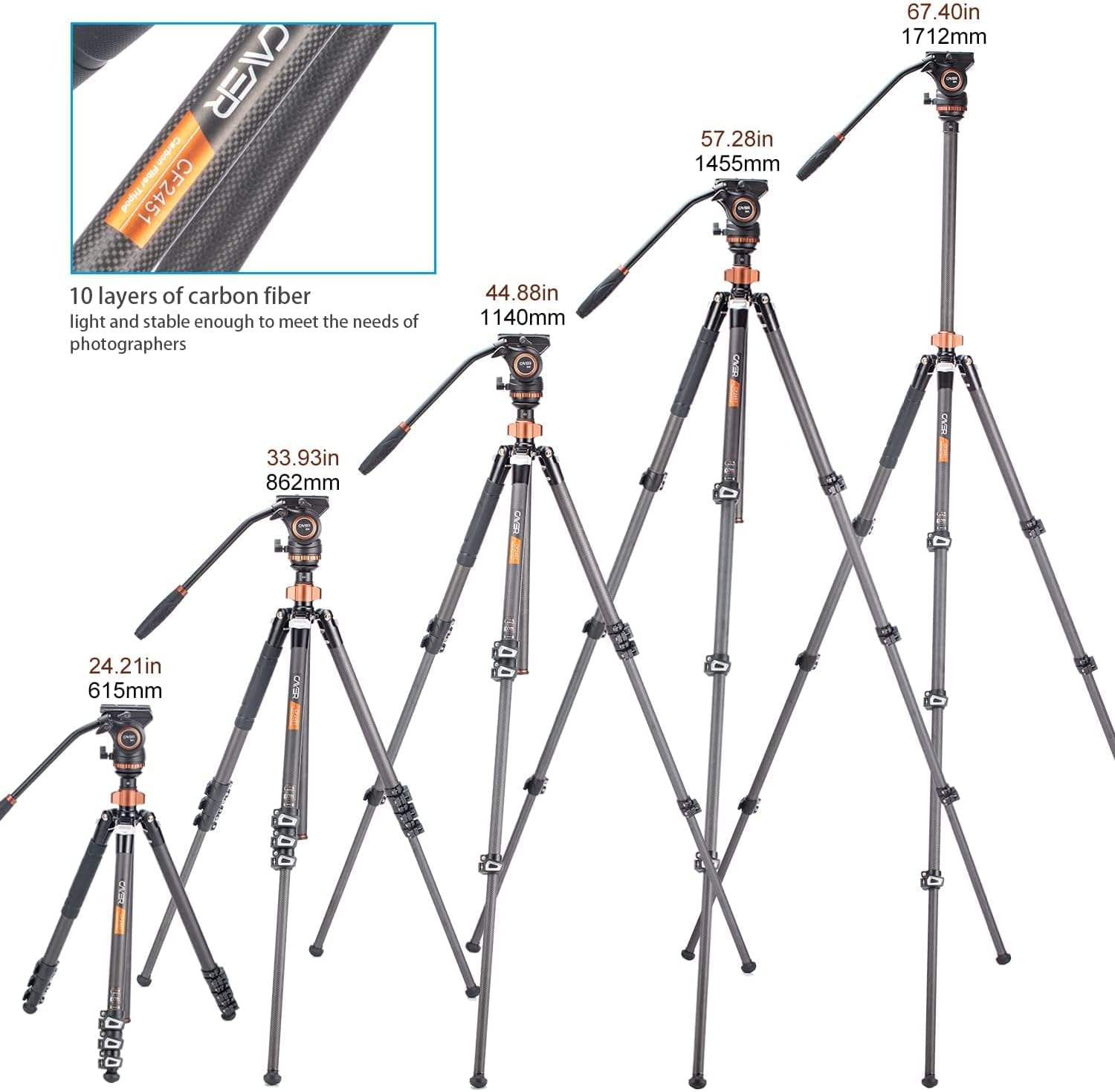 Cayer CF2451 Video Tripod 67 inches Carbon Fiber Tripod Leg with Fluid Drag Head, 4-Section Compact DSLR Tripod Convertible to Monopod for DSLR Camera, Video Camcorder
