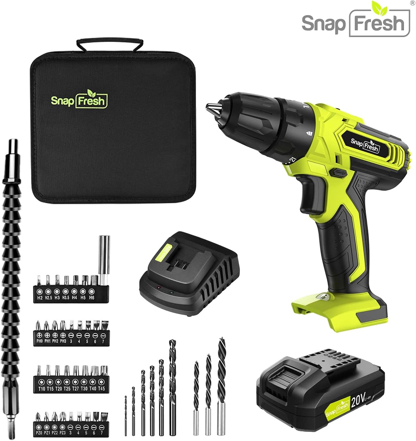 Cordless Drill - SnapFresh 20V Cordless Drill with Battery and Charger, Power Drill Set with 2 Variable Speed, 21+1 Torque Setting, Lightweight, LED, 43pcs Drill Bits, Impact Drill Set for Home, DIY Pack of 2