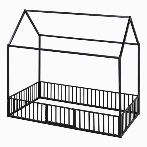 Merax Twin Size Montessori Floor Bed, Metal House Bed Frame with Roof for Kids, Teens, Girls, and Boys, No Box Spring Needed, Black