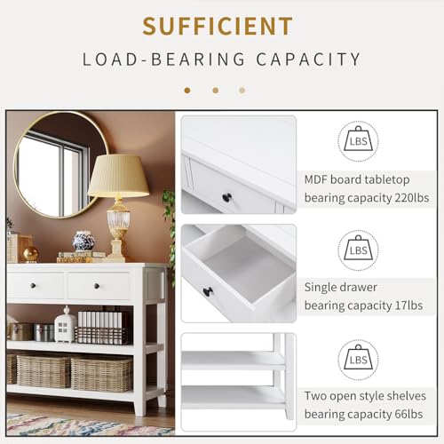 50" Console Hallway Table, Retro Design Entryway Table with 2 Open Shelves and 3 Storage Drawers Solid Wood Sofa Tables Home Furniture for Front Hall, Hallway, Sofa, Couch, Living Room,Beige