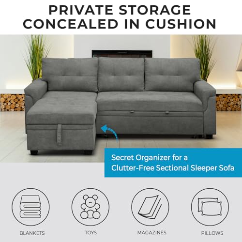 Naomi Home Jenny Sectional Sofa Sleeper with Storage Chaise, Tufted Pull Out Couch with Storage, L-Shaped Reversible Sleeper Sofa with Storage, Black,Air Leather