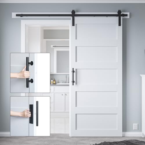 34in x 84in Sliding Barn Door with 6ft Barn Door Hardware Kit & Handle, Pre-Drilled Holes Easy Assembly -Solid Barn Door Slab Covered with Water-Proof PVC Surface, White, 5 Panel