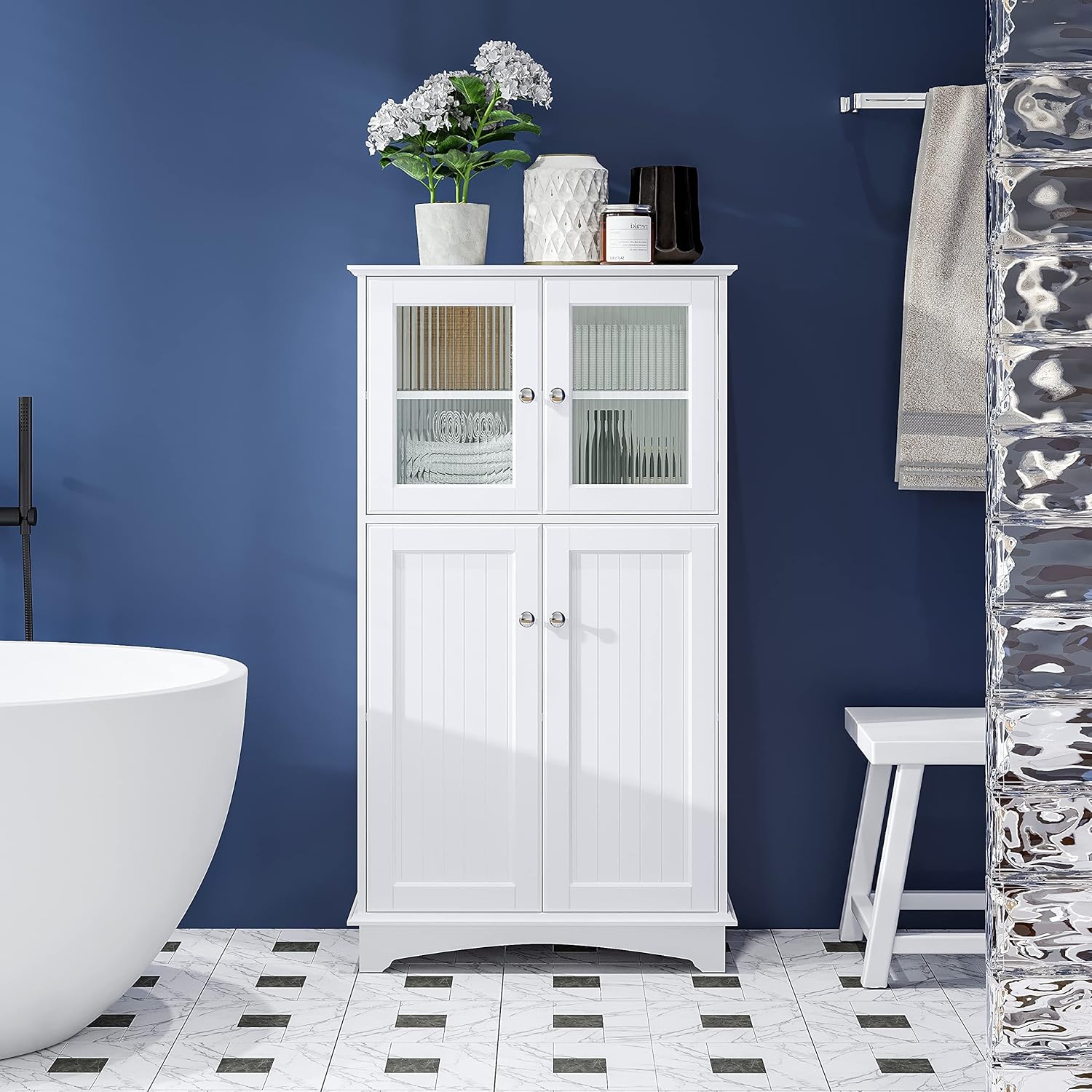 Spirich Bathroom Storage Cabinet, Wood Floor Cabinet, Free Standing Storage Organizer for Bathroom, Living room, White