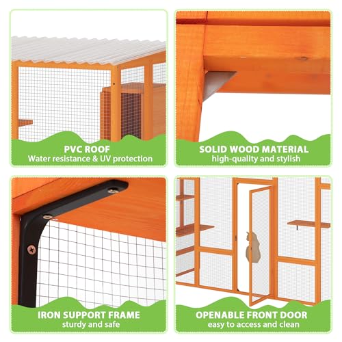 COZIWOW Catio Outdoor Cat Enclosure Window Catios for Indoor Cats Outside Patio Wooden Cattery with Large Door, Walks, Waterproof Roof, Resting Box, 104" L Extra Wide, Orange