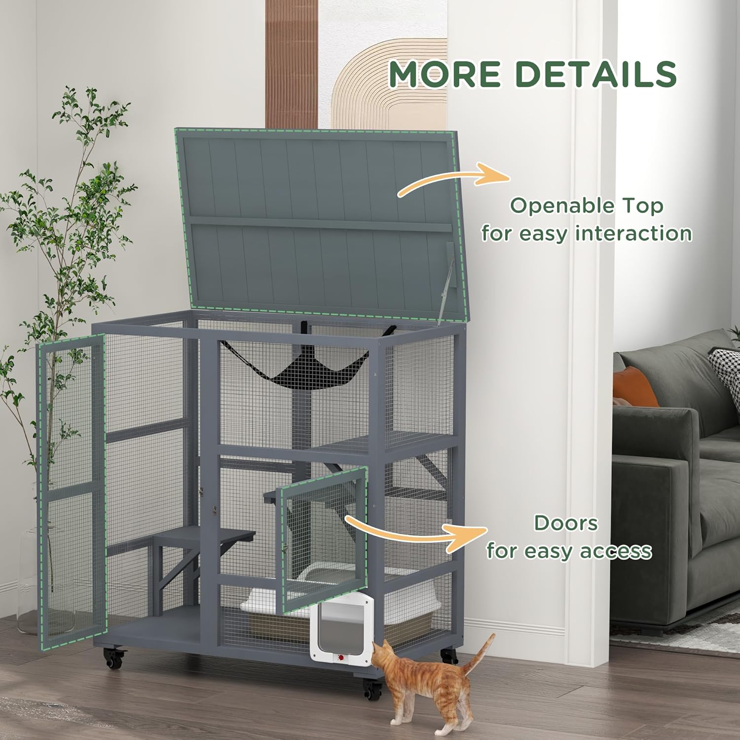 Catio Outdoor Cat Enclosure with Roof Cat House Height 37" Large Wooden Cat Cage with 4 Jumping Platforms for Cat Activity,Grey