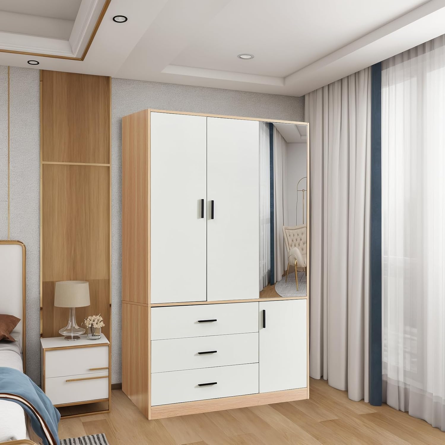 Wardrobe Closet, Armoire Wardrobe Closet with 3 Drawers, Bedroom Armoires with 2 Doors, Closet Cabinet with a Mirror, Wardrobe Closet with a Big Storage Cabinet, Wooden Closet for Bedroom