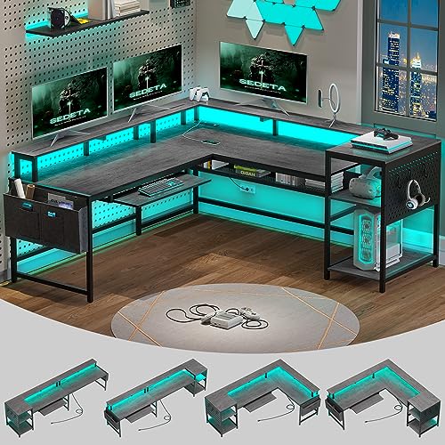 SEDETA L Shaped Gaming Desk, Reversible Computer Desk, Gaming Desk with Power Outlets & LED Strip, Monitor Shelf, Keyboard Tray, Pegboard and Storage Shelves for Home Office, Black