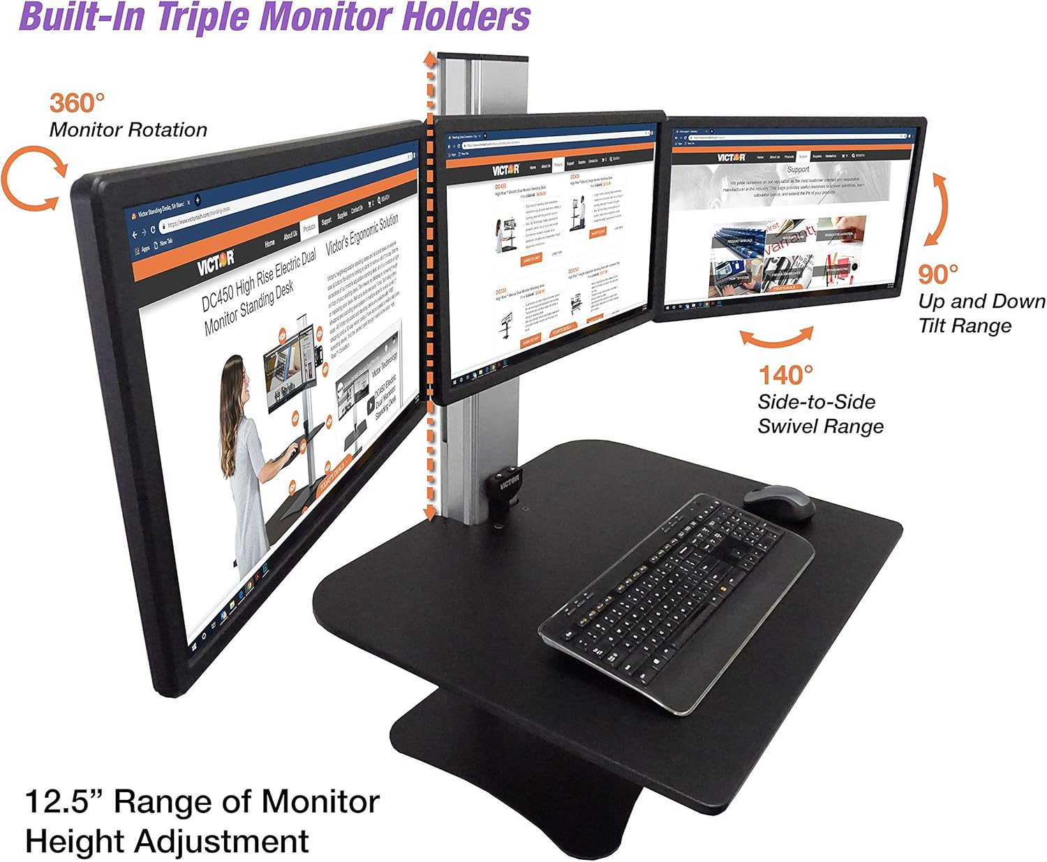 Victor DC475 High Rise Electric Triple Monitor Standing Desk Converter | Three Large Monitor Sit-Stand Desk | 28” Wide Work Surface | Compatible with Any Standard Desk | Adjustable Monitor Holder