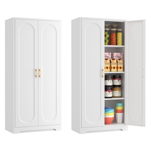 Metal Storage Cabinet with Doors and Shelves, 71 Inch Tall Kitchen Pantry Cabinet, Pantry Cabinets for Kitchen Storage, Freestanding Cupboard for Living, Dining Room, White, Assembly Required