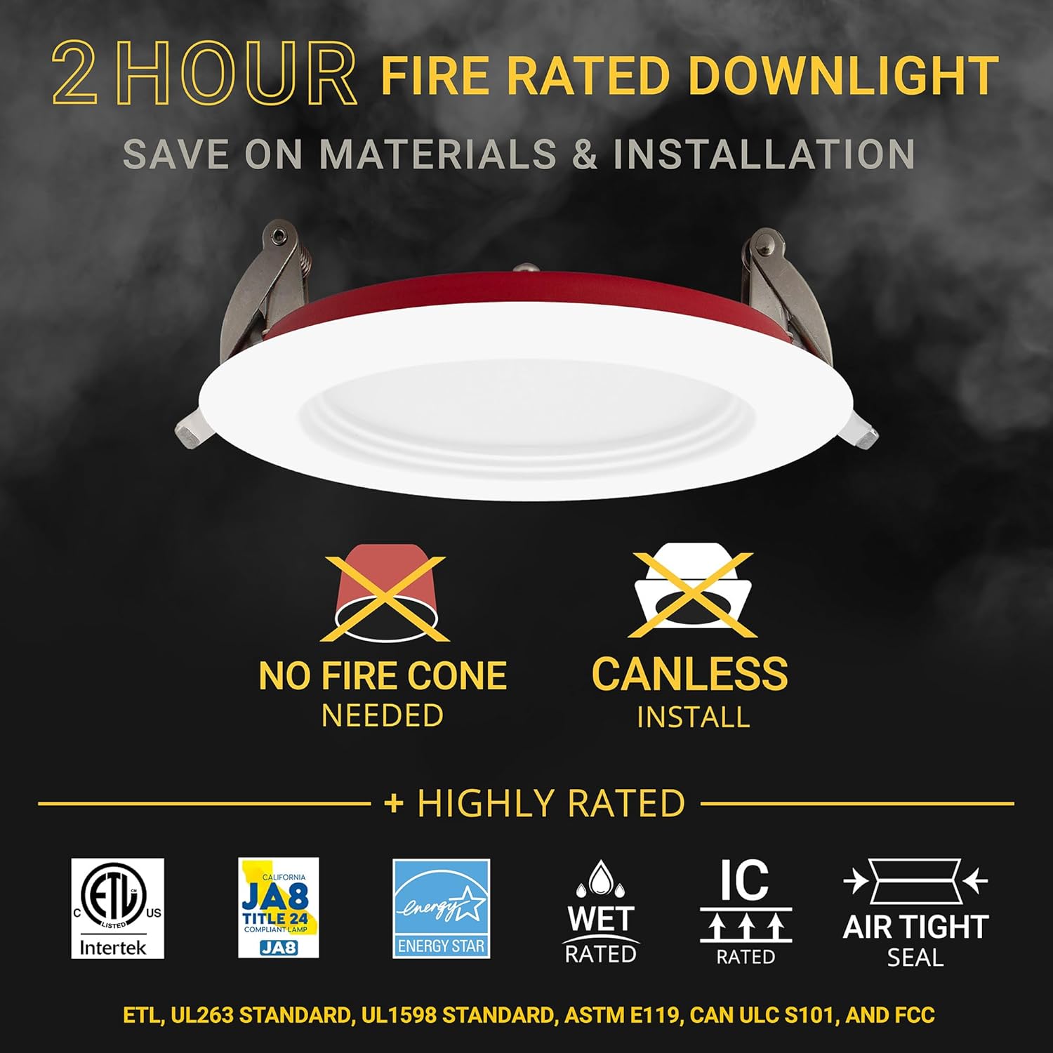 NUWATT 4 Inch 2 HOUR FIRE RATED Baffle LED Recessed Lighting, 27K/30K/35K/40K/50K 5CT Selectable, Dimmable, 900LM, IC Rated, 4in Anti-Glare Wafer Lights, Wet Rated Downlight, No Tenmat Needed. 6 Pack