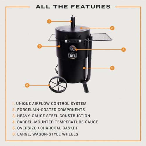 Char-Broil Oklahoma Joes Bronco Barrel Drum Smoker with Porcelain Coated Steel, Air Intake Channel, and 630 Square Inches Cooking Surface, Black