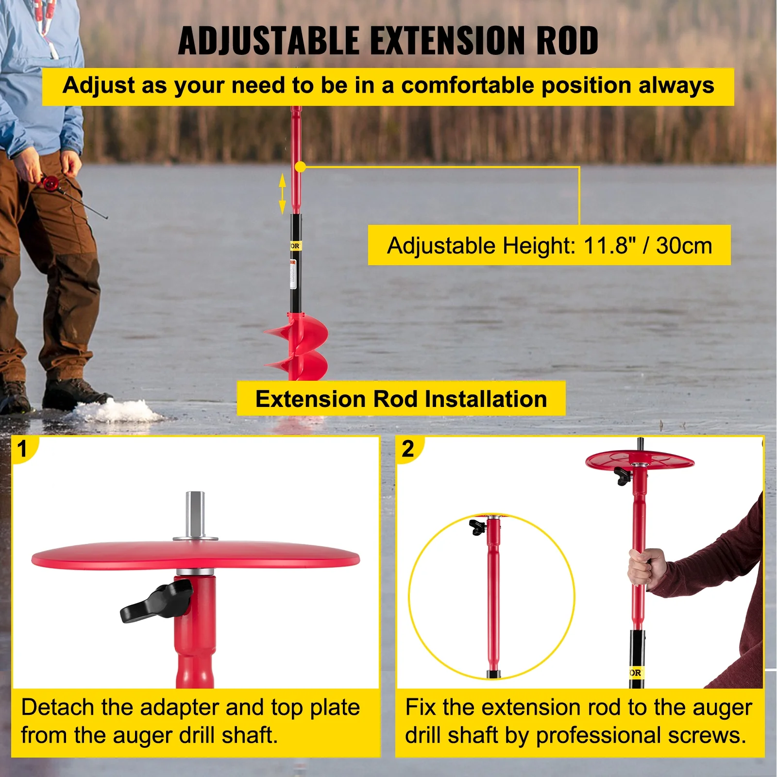 VEVOR Ice Drill Auger, 6'' Diameter Nylon Ice Auger, 39'' Length Ice Auger Bit,Auger Drill with 11.8" Extension Rod,Auger Bit w/ Drill Adapter,Top Plate & Blade Guard for Ice Fishing Ice Burrowing Red