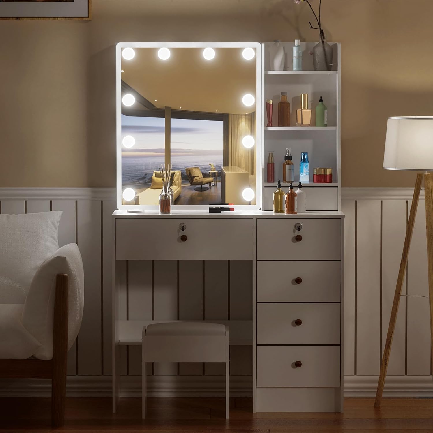 Girls Makeup Vanity with Sliding Mirror and Lights for Home, Hollywood Style Vanity Desk with Lockable Drawers and Cabinets, Dressing Cosmetic Table with Soft Chair for Girls