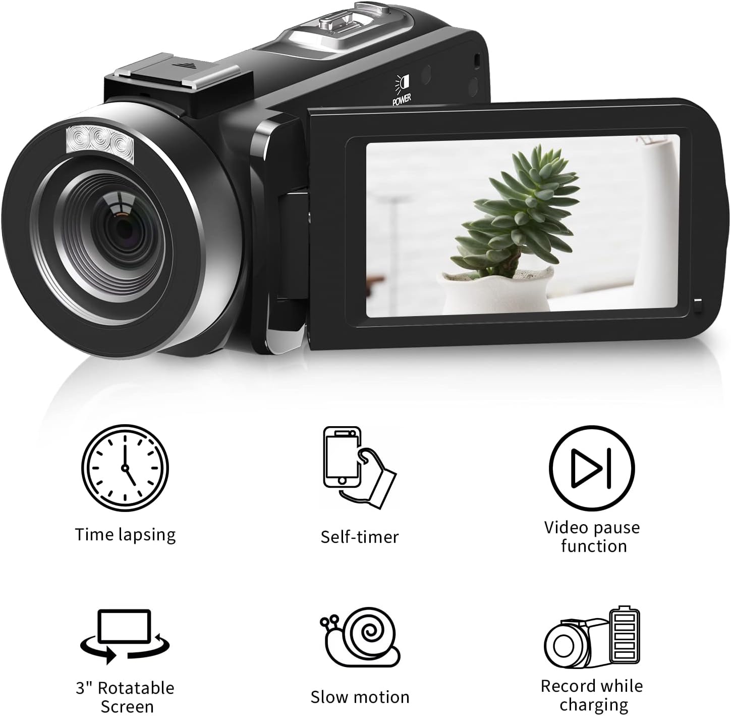 Video Camera Camcorder, 2.7K 30FPS Digital Video Camera for YouTube with 2 Battries IR Night Vision Remote Control 30MP 3 in 270 Degree Rotation Screen