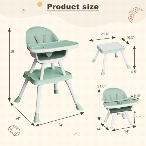 8 in 1 Baby High Chair,Convertible Highchair for Babies and Toddlers with Double Removable Dishwasher Tray,Safety Harness and Detachable PU Cushion,Grows with Baby
