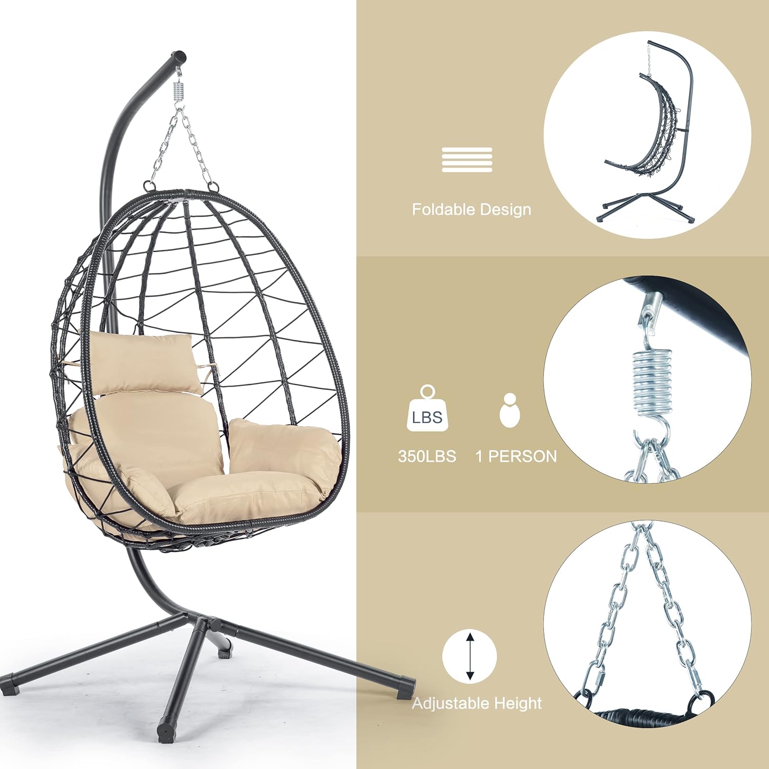 Indoor outdoor egg chair with stand, rattan hanging outdoor hanging chair with cushion, egg shaped hanging basket hammock chair for bedroom, living room and balcony
