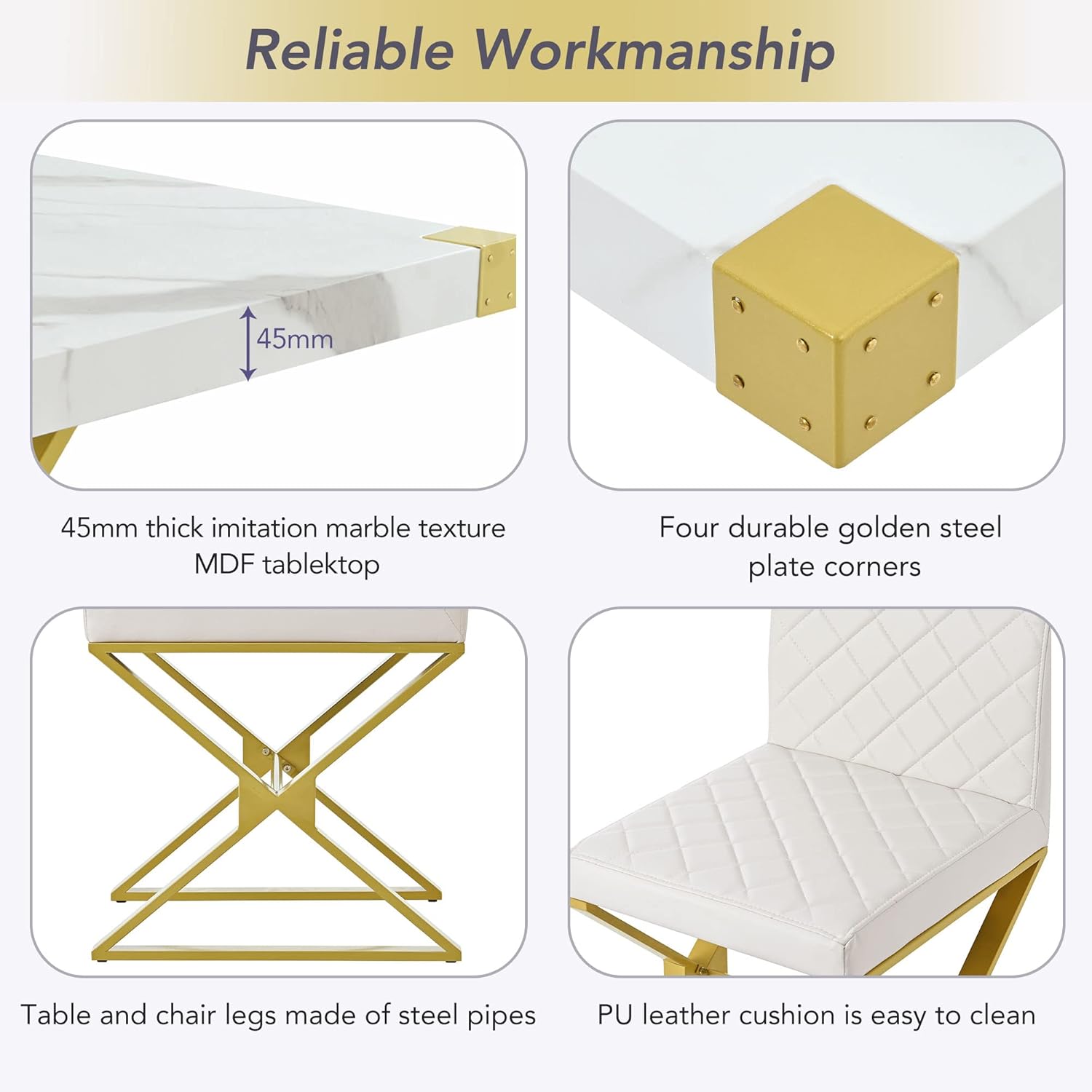 RITSU Modern 7-Piece Dining Table Set, Rectangular Marble Texture Surface and 6 Pu Leather Chairs, X-Shaped Golden Steel Tube Legs, Suitable for Living Rooms, Apartments, White, 60inch