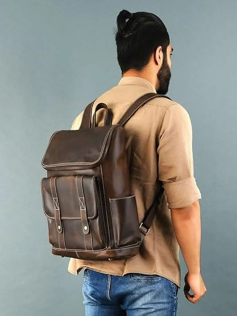 Hulsh Buffalo Leather Backpack for Men & Women Vintage Genuine Leather Laptop Backpack Full Grain Brown Leather Backpacks Rucksack Knapsack with Padded Laptop Sleeve Best for Office Travel Use