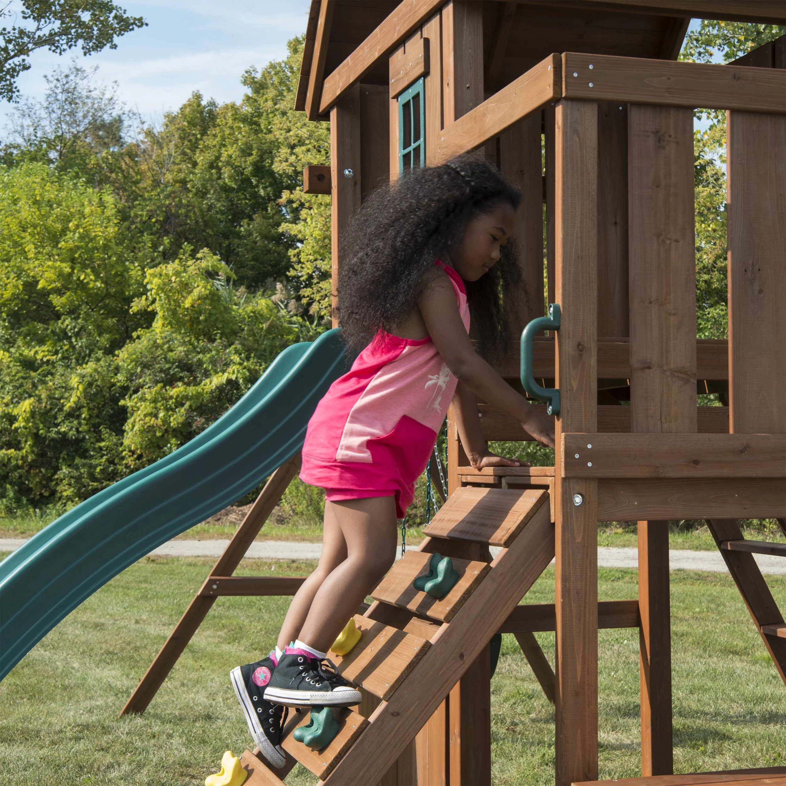 Swing-N-Slide Knightsbridge Wooden Backyard Swing Set with Alpine Wave Slide, Glider Swing, and Rock Climbing Wall