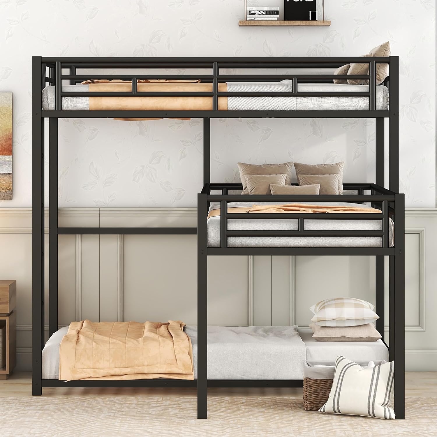 L-Shaped Triple Bunk Bed, Heavy Duty Metal Twin Size Bunk Bed with Ladder and High Guardrail, Triple Bunk Bed for 3 Kids Teens Adults, Space Saving, No Box Spring Needed, Black