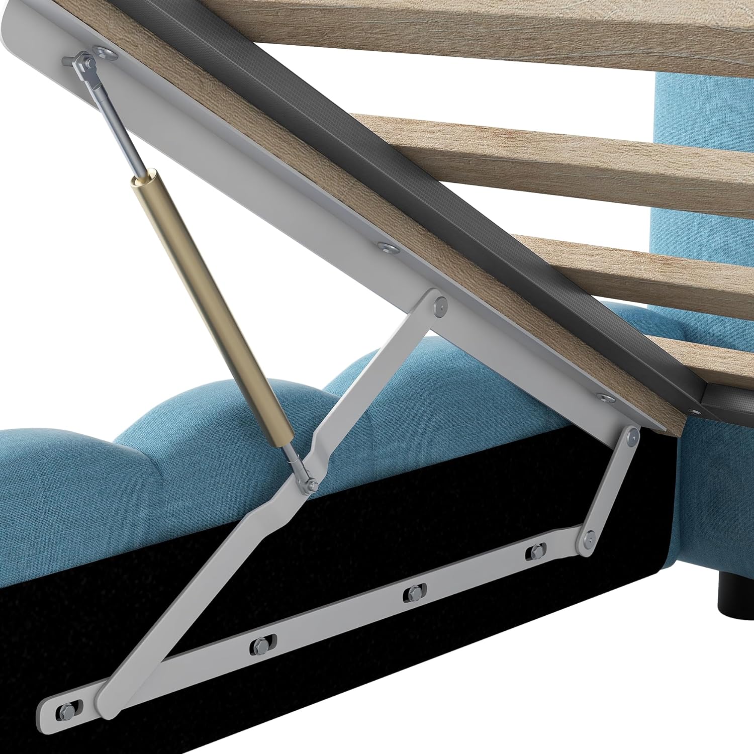 Quee Size Bed With Storage Udereath, Lift Up Storage Bed Frame With LED Headboard Ad USB, Upholstered Platform Bed, Mattress Foudatio, Wood Slat Support, o Box Sprig eeded, Lie Blue