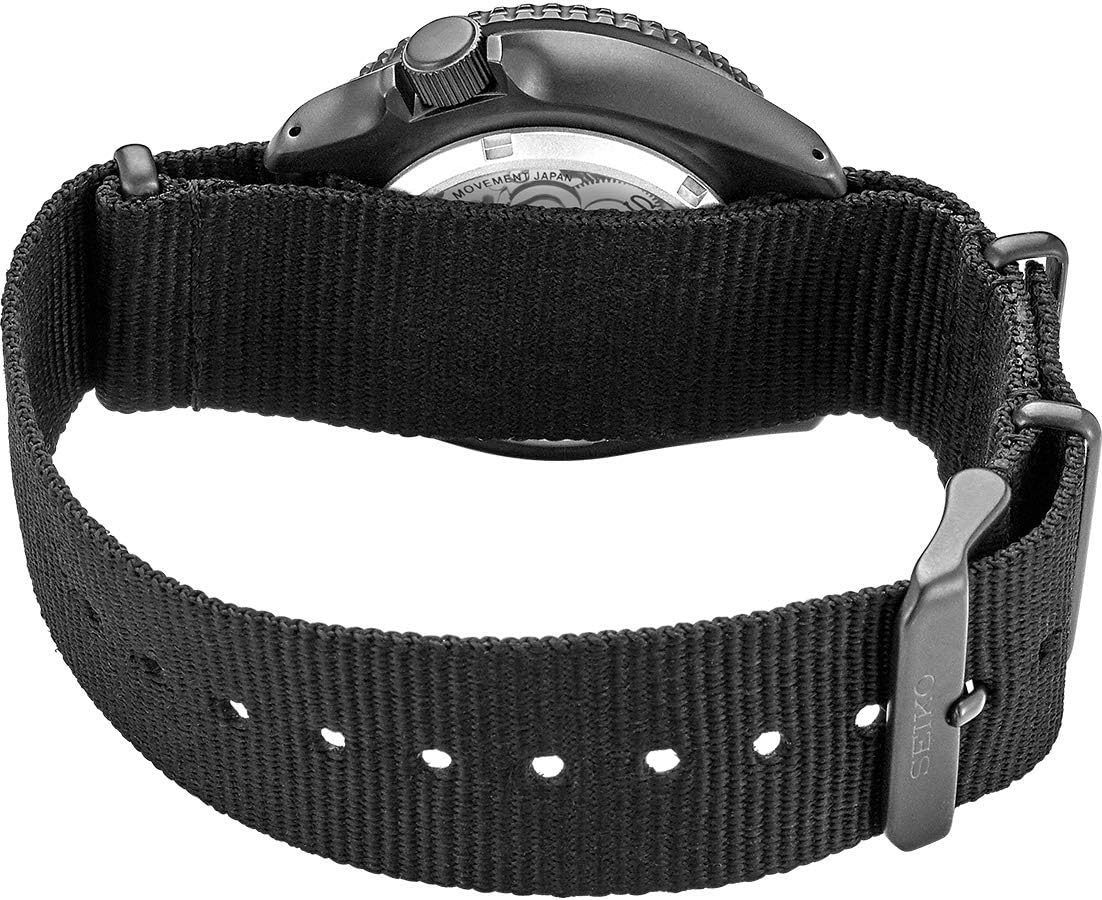 Seiko SRPD79 Watch for Men - 5 Sports, Automatic with Manual Winding, Black Dial with Black Bezel, Black Ion Stainless Steel Case, Black Nylon Strap, and Day/Date