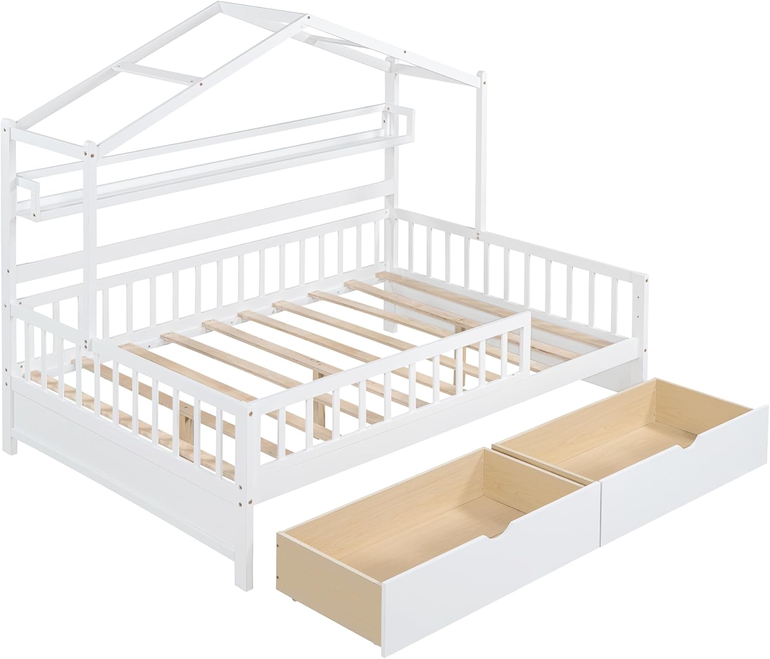 Wooden Full Size House Bed Frame with 2 Drawers and Storage Shelf, Platform Full Beds with Roof and Safety Gurduarls, for Kids, Boys, Girls, No Spring Box Needed, Easy Assemble