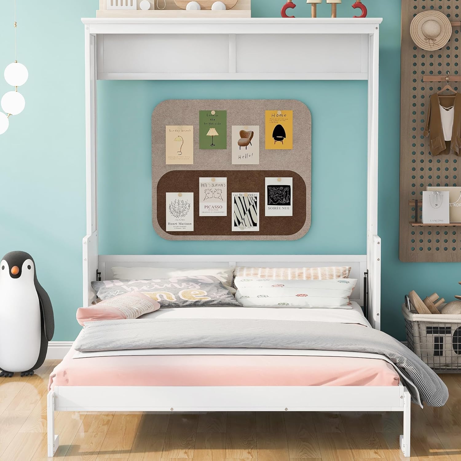 Queen Size Shelf, Wood Multifunctional Murphy Wall Bed Frame for Bedroom Living Room Furniture, Space-Saving, White