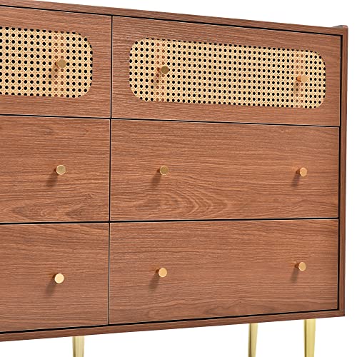 Dresser for Bedroom, Chest of Drawers, 6 Drawer Dresser, Floor Storage Drawer Cabinet for Home Office, Drawer Chest of Drawers Rattan Chest of Drawers Highboard with 6 Drawers (Natural Cherry)