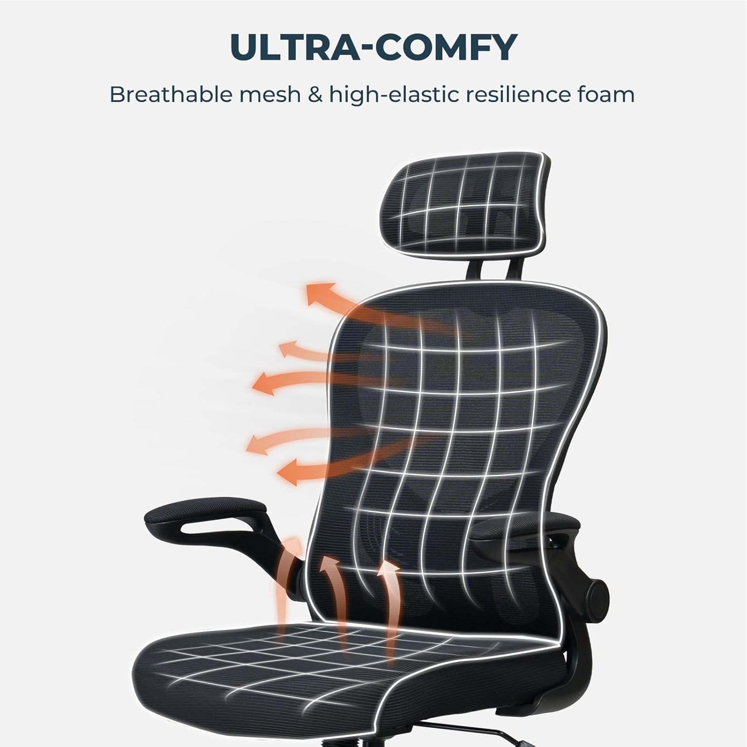 Ergonomic Office Chair, High Back Office Desk Chair with S-Shaped Backrest, Adjustable Lumbar Support, Headrest, Flip-up Armrest, Mesh Computer Chair for Home Office（Black）