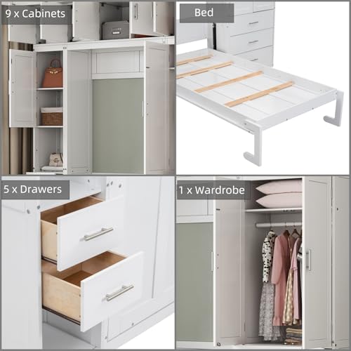 Merax Full Size Murphy Bed Cabinet with Lockers and Storage Wardrobes Shelves, Wood Foldable Hidden Wall Platform Bedframe Chest for Home, Bedroom, Office, Small Room, Apartment