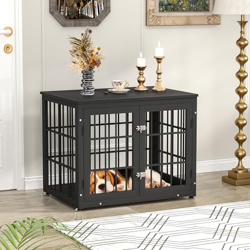 48 Inch Heavy Duty Dog Crate Furniture for Large Dogs, Decorative Pet House End Table, Extra Large Wooden Cage Kennel Furniture Indoor, Natural and White