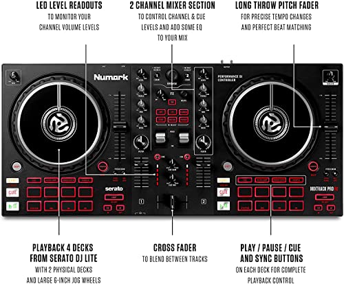 Numark Mixtrack Pro FX – 2 Deck DJ Controller For Serato DJ with DJ Mixer, Built-in Audio Interface, Capacitive Touch Jog Wheels and FX Paddles